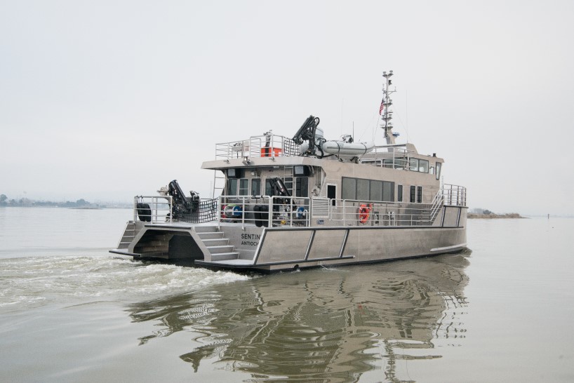 California Department of Water Resources Research Vessel, R/V Sentinel, motoring in one of the Sacramento-San Joaquin Delta waterways.
