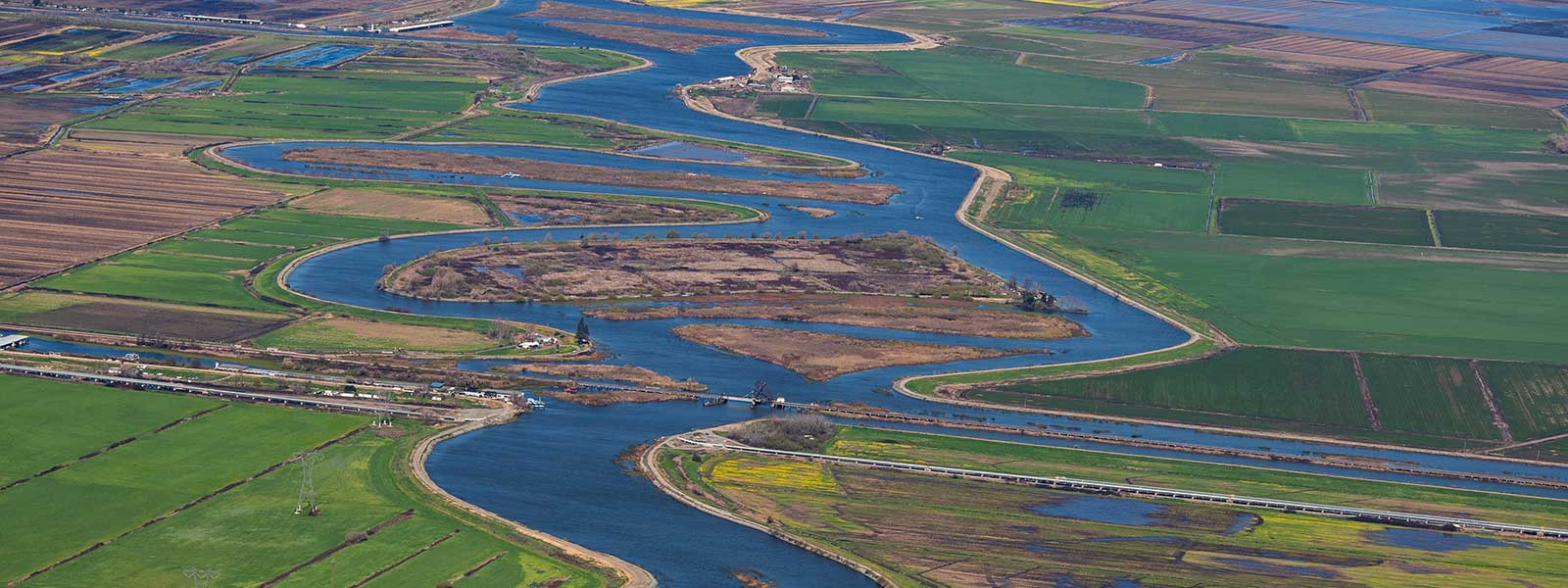 panoramic aerial view of delta farmland