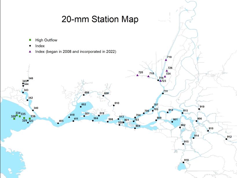 Map showing high outflow, index and non-index stations for the 20-mm survey. Link opens in new window