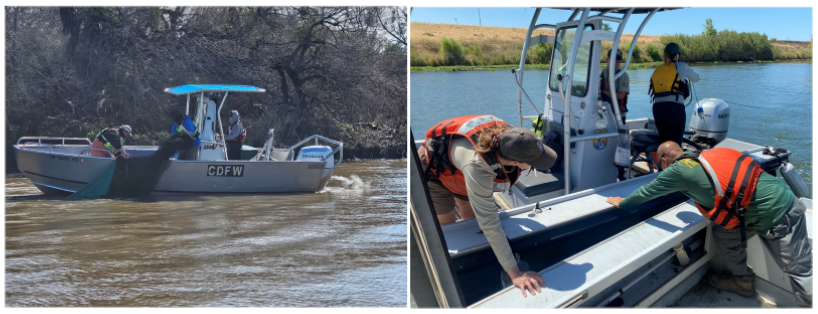 left image is a boat on the water with trees in the background. Two people on the boat are leaning over the side hauling in a net and one person is at the wheel. Right image is a closeup of two boats side-by-side on the water in a river system with marsh in the background. Two people are leaning over the side of their boat reaching out to the other to bring the boats side-by-side. Two people in the furthest boat are standing in the aft section near the wheel.